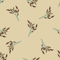 Minimalistic seamless pattern with brown leaves branches print. Doodle botanic design with random print.