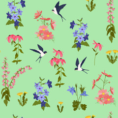 Seamless vector illustration with wildflowers and swallows on a green background.