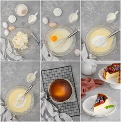 Collage of cooking cheesecake San Sebastian from cream cheese, cream, eggs, sugar and flour on a...