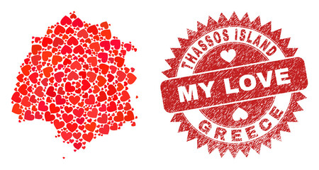 Vector collage Thassos Island map of love heart items and grunge My Love seal. Collage geographic Thassos Island map designed with lovely hearts.