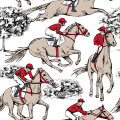 Seamless wallpaper pattern. The running beautiful horses, riders and trees and bushes. Textile composition, hand drawn style print. Vector illustration.