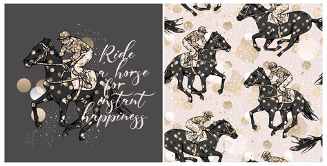 Set of print and wallpaper pattern. The running beautiful horse and rider on a shine polka dot background. Textile composition, hand drawn style print. Vector illustration. © Afishka