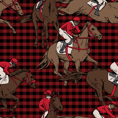 Seamless wallpaper pattern. The running beautiful horse and rider on a checkered background. Textile composition, hand drawn style print. Vector illustration.