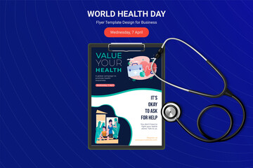 World Health Day flyer, Poster design with vector stethoscope. World health day concept. Stethoscope icon, Design for greeting Card,Poster,Flyer,Cover,Brochure. Vector illustration
