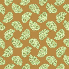 Nature tropic seamless pattern with light green monstera elements. Beige background. Doodle backdrop.