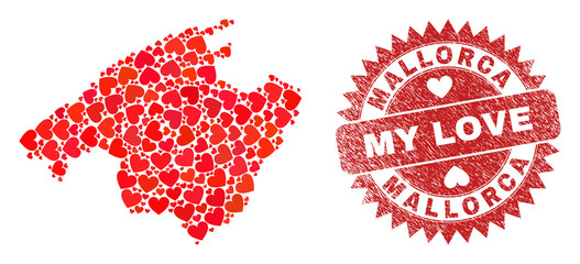 Vector mosaic Mallorca map of valentine heart elements and grunge My Love stamp. Mosaic geographic Mallorca map designed using valentine hearts.