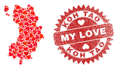 Vector collage Koh Tao map of love heart items and grunge My Love stamp. Collage geographic Koh Tao map constructed with lovely hearts.