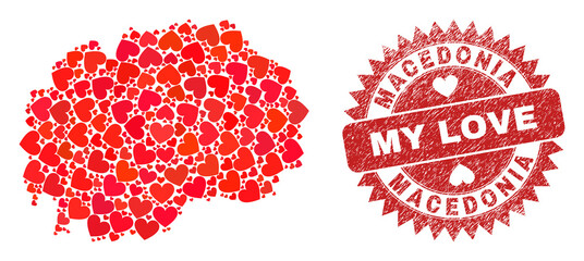 Vector mosaic Macedonia map of valentine heart items and grunge My Love seal stamp. Collage geographic Macedonia map designed with valentine hearts.