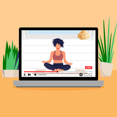 Yoga lesson online, live stream meditation. Vector yoga sport