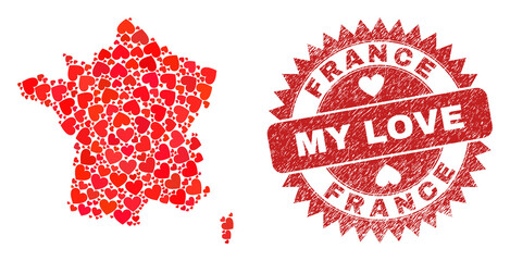 Vector collage France map of valentine heart elements and grunge My Love seal stamp. Mosaic geographic France map created with lovely hearts.