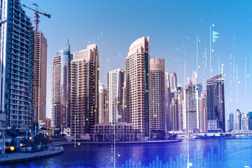 Skyscrapers of Dubai business downtown. International hub of trading and financial services of...
