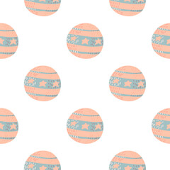 Isolated seamless pattern with pink and blue colored circus ball ornament. White background. Simple design.