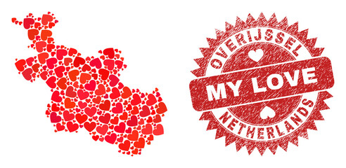 Vector mosaic Overijssel Province map of love heart elements and grunge My Love seal stamp. Mosaic geographic Overijssel Province map constructed with valentine hearts.