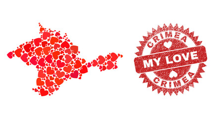 Vector collage Crimea map of love heart items and grunge My Love stamp. Collage geographic Crimea map designed using lovely hearts. Red rosette seal with scratched rubber texture and my love tag.