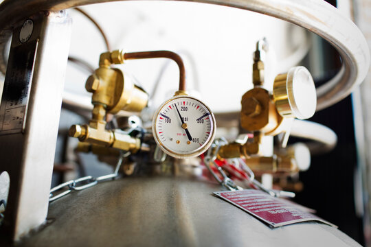 Close-up of pressure gauge at brewery