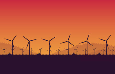 silhouette underconstruction Offshore wind turbine farm in sea on orange gradient background