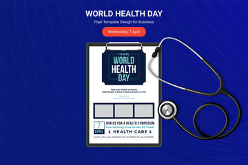 World Health Day flyer, Poster design with vector stethoscope. World health day concept. Stethoscope icon, Design for greeting Card,Poster,Flyer,Cover,Brochure. Vector illustration