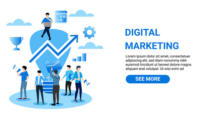 Marketing online concept. Blue uniform men with big light bulb and rising arrow