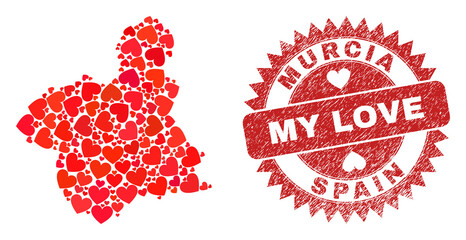 Vector mosaic Murcia Province map of lovely heart elements and grunge My Love badge. Mosaic geographic Murcia Province map constructed with valentine hearts.