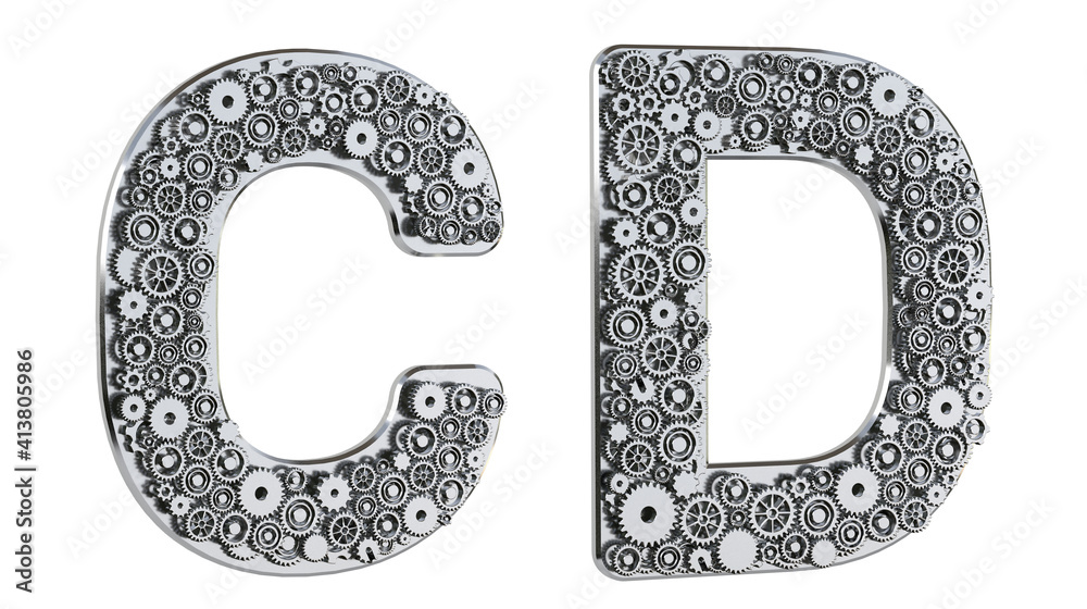 Fototapete gear alphabet made from realistic metal isolated on white background. mechanical concept. set of let