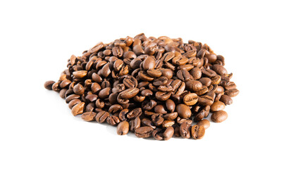 A pile of coffee beans isolated on white background. Roasted arabica coffee beans.
