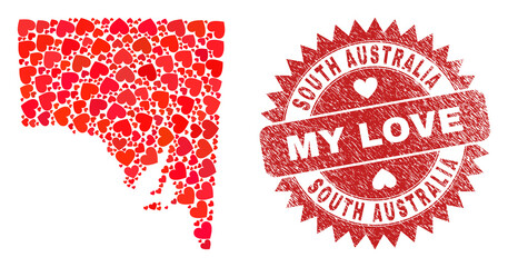 Vector mosaic South Australia map of love heart elements and grunge My Love stamp. Mosaic geographic South Australia map constructed with love hearts.