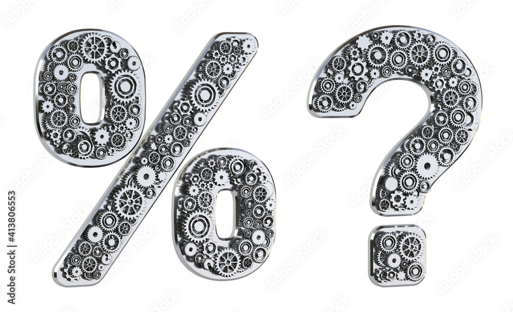 Fototapete symbol % and ? made from metal gear isolated on white background. mechanical concept. 3d rendering.