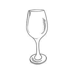 Hand drawn wine glass on a white isolated background. Illustration in black and white graphic style, doodle. It can be used for decoration of textile, paper and other surfaces.