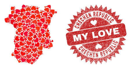 Vector mosaic Chechen Republic map of love heart items and grunge My Love seal stamp. Mosaic geographic Chechen Republic map constructed with love hearts.
