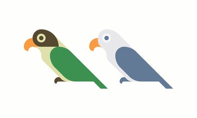 Simple design Various colors of lovebird parrots. The green masked and violet blue lovebird. Flat design Simple bird geometry