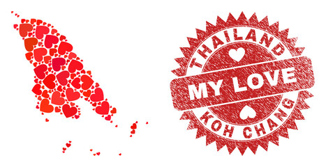 Vector mosaic Koh Chang map of lovely heart items and grunge My Love seal. Collage geographic Koh Chang map created with lovely hearts. Red rosette seal with corroded rubber texture and my love word.