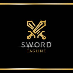Shiny Crossed swords on black background. Design element for logo, label, emblem, sign. Vector illustration