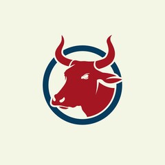 bull logo design vector icon illustration, red bull in blue circle, cow
