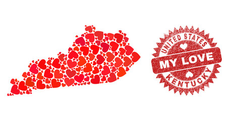 Vector mosaic Kentucky State map of love heart items and grunge My Love seal. Mosaic geographic Kentucky State map constructed with love hearts.
