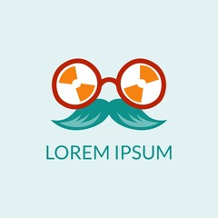 Cool Mustache and glasses logo in classic retro style. Combined logo with fun color