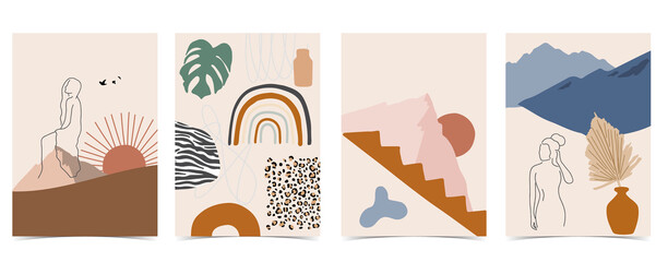 Sammlung von zeitgenössischem Hintergrund mit Berg, Sonne. Bearbeitbare Vektorillustration für Website, Einladung, Postkarte und Poster © piixypeach