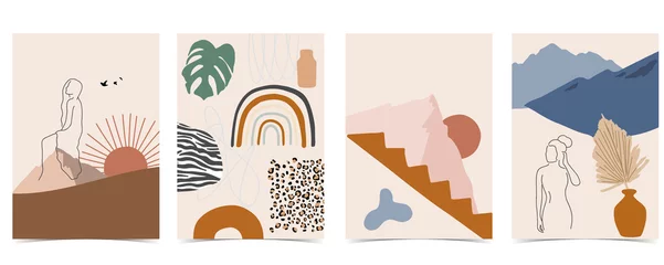 Sammlung von zeitgenössischem Hintergrund mit Berg, Sonne. Bearbeitbare Vektorillustration für Website, Einladung, Postkarte und Poster © piixypeach
