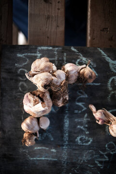 High angle view of garlic bulbs on table at farm