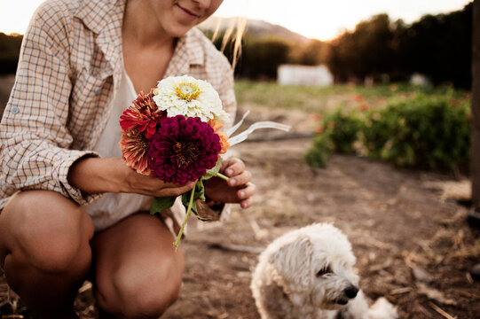 Midsection of female farmer holding flowers on field