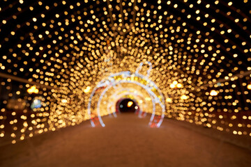 Abstract blurred background of outdoors garland in christmas