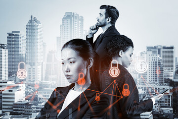 Group of business colleagues as a part of multinational corporate team working on project to protect clients information at cybersecurity compliance division. IT lock icons over Bangkok