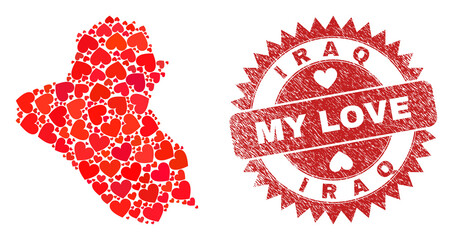 Vector collage Iraq map of love heart items and grunge My Love seal stamp. Collage geographic Iraq map constructed with love hearts. Red rosette stamp with grunge rubber texture and my love word.