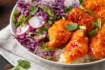 Korean Fried chicken with red cabbage salad and white rice. Asian food