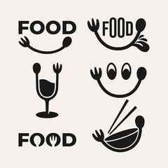 Set of Restaurant logo. Food illustration. Spoon, fork, glass, smile, chopstick, bowl icon design