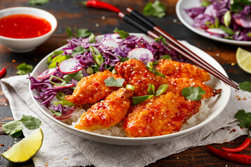 Korean Fried chicken with red cabbage salad and white rice. Asian food