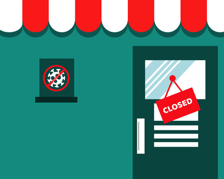 Shop with text "closed"  hang at door. Cartoon vector style for your design.