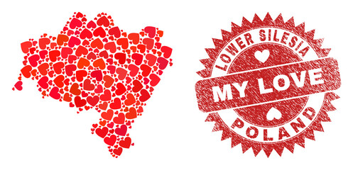 Vector collage Lower Silesia Province map of lovely heart items and grunge My Love badge. Collage geographic Lower Silesia Province map constructed using lovely hearts.