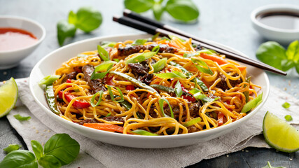 Stir fry noodles with beef and vegetable in white bowl. asian style food