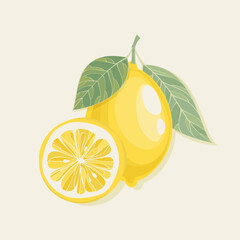 Lemon with leaves. Tropical fruit. Vector illustration.