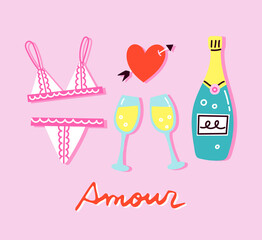 Vector illustration of lingerie, champagne bottle and glasses. Romantic date concept in colorful flat style. Poster, card or banner design for Valentine's Day. Elements are isolated.